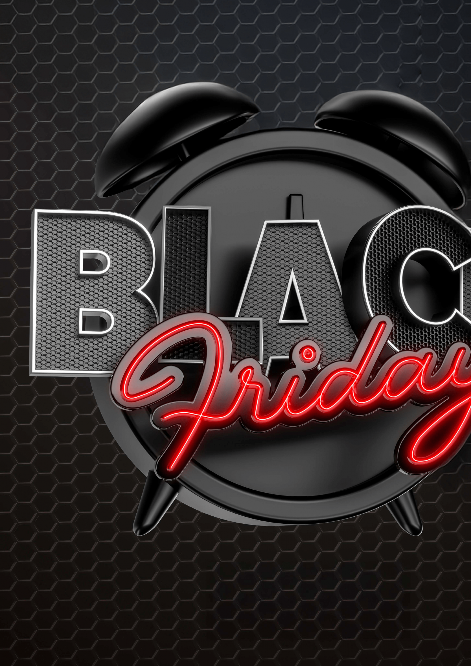 Schwarzer Wecker vor dunklem Wabenhintergrund, darauf der Schriftzug „BLACK Friday“ – „BLACK“ in silberner Strukturoptik, „Friday“ in leuchtend roter Schreibschrift.