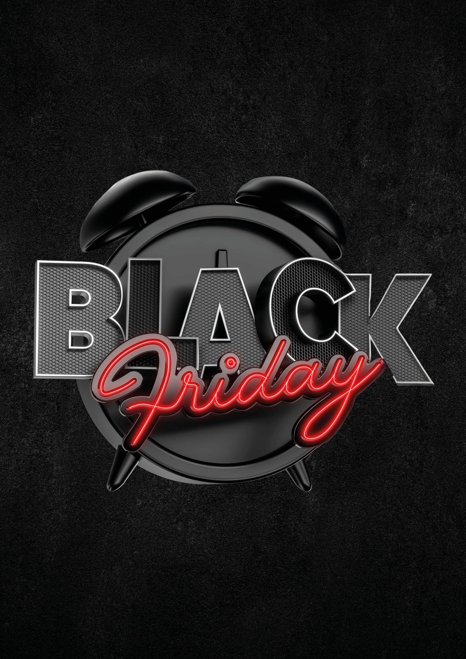 Schwarzer Wecker vor dunklem Hintergrund, darauf der Schriftzug „BLACK Friday“ – „BLACK“ in silberner Strukturoptik, „Friday“ in leuchtend roter Schreibschrift.