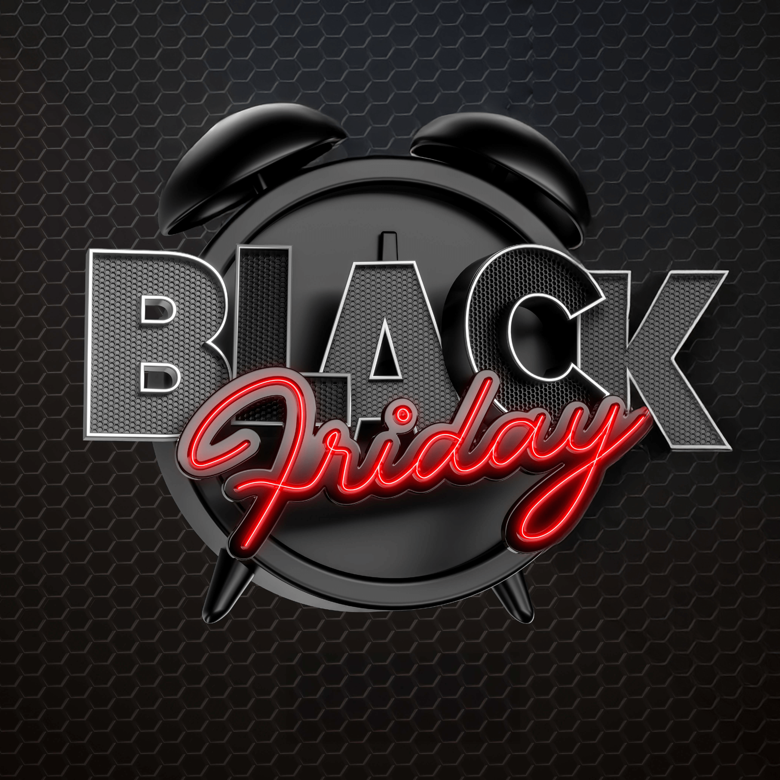 Schwarzer Wecker vor dunklem Wabenhintergrund, darauf der Schriftzug „BLACK Friday“ – „BLACK“ in silberner Strukturoptik, „Friday“ in leuchtend roter Schreibschrift.