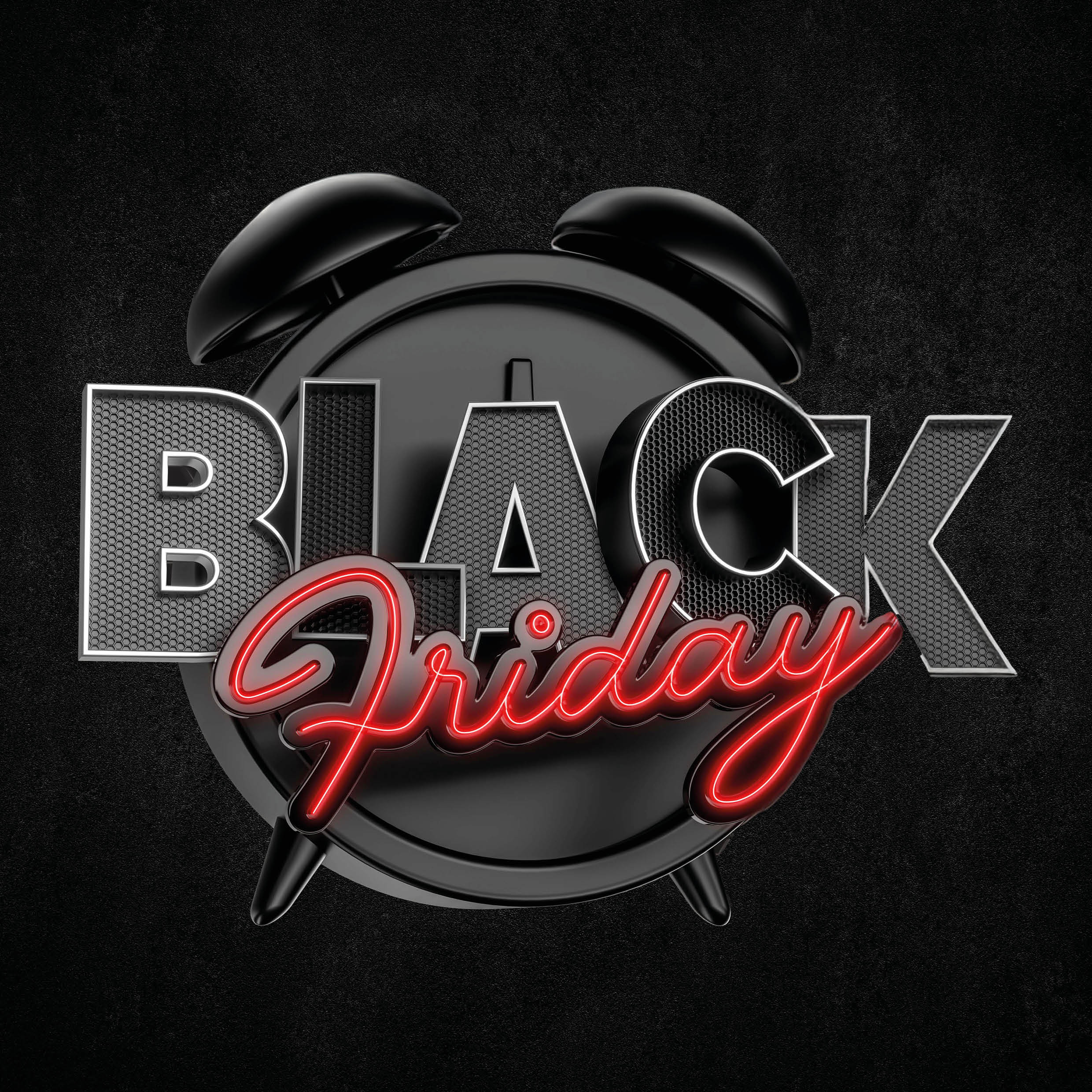 Schwarzer Wecker vor dunklem Hintergrund, darauf der Schriftzug „BLACK Friday“ – „BLACK“ in silberner Strukturoptik, „Friday“ in leuchtend roter Schreibschrift.