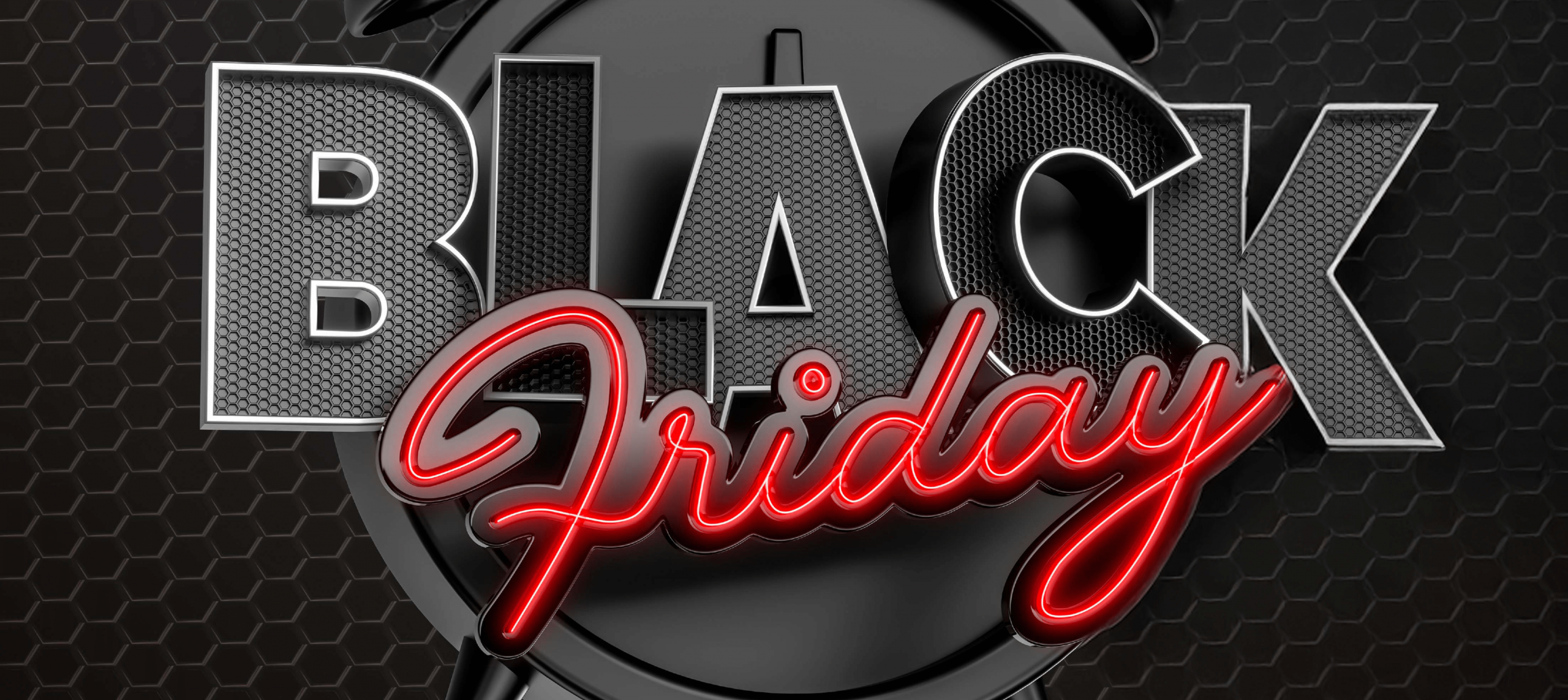 Schwarzer Wecker vor dunklem Wabenhintergrund, darauf der Schriftzug „BLACK Friday“ – „BLACK“ in silberner Strukturoptik, „Friday“ in leuchtend roter Schreibschrift.