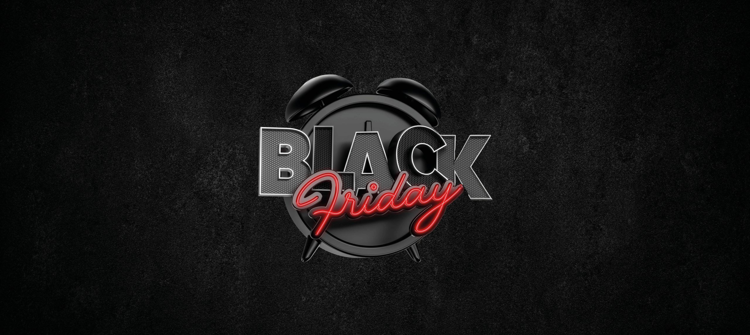 Schwarzer Wecker vor dunklem Hintergrund, darauf der Schriftzug „BLACK Friday“ – „BLACK“ in silberner Strukturoptik, „Friday“ in leuchtend roter Schreibschrift.