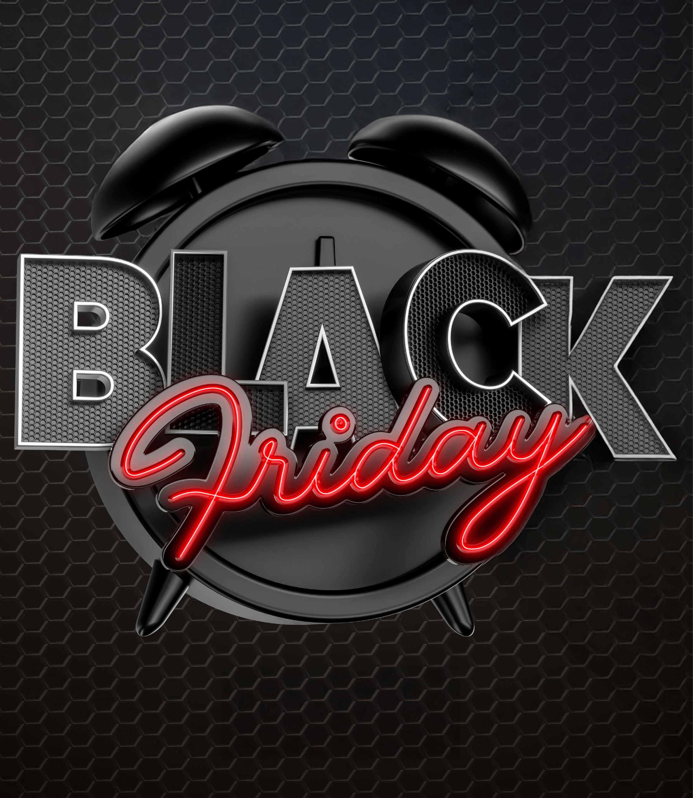 Schwarzer Wecker vor dunklem Wabenhintergrund, darauf der Schriftzug „BLACK Friday“ – „BLACK“ in silberner Strukturoptik, „Friday“ in leuchtend roter Schreibschrift.