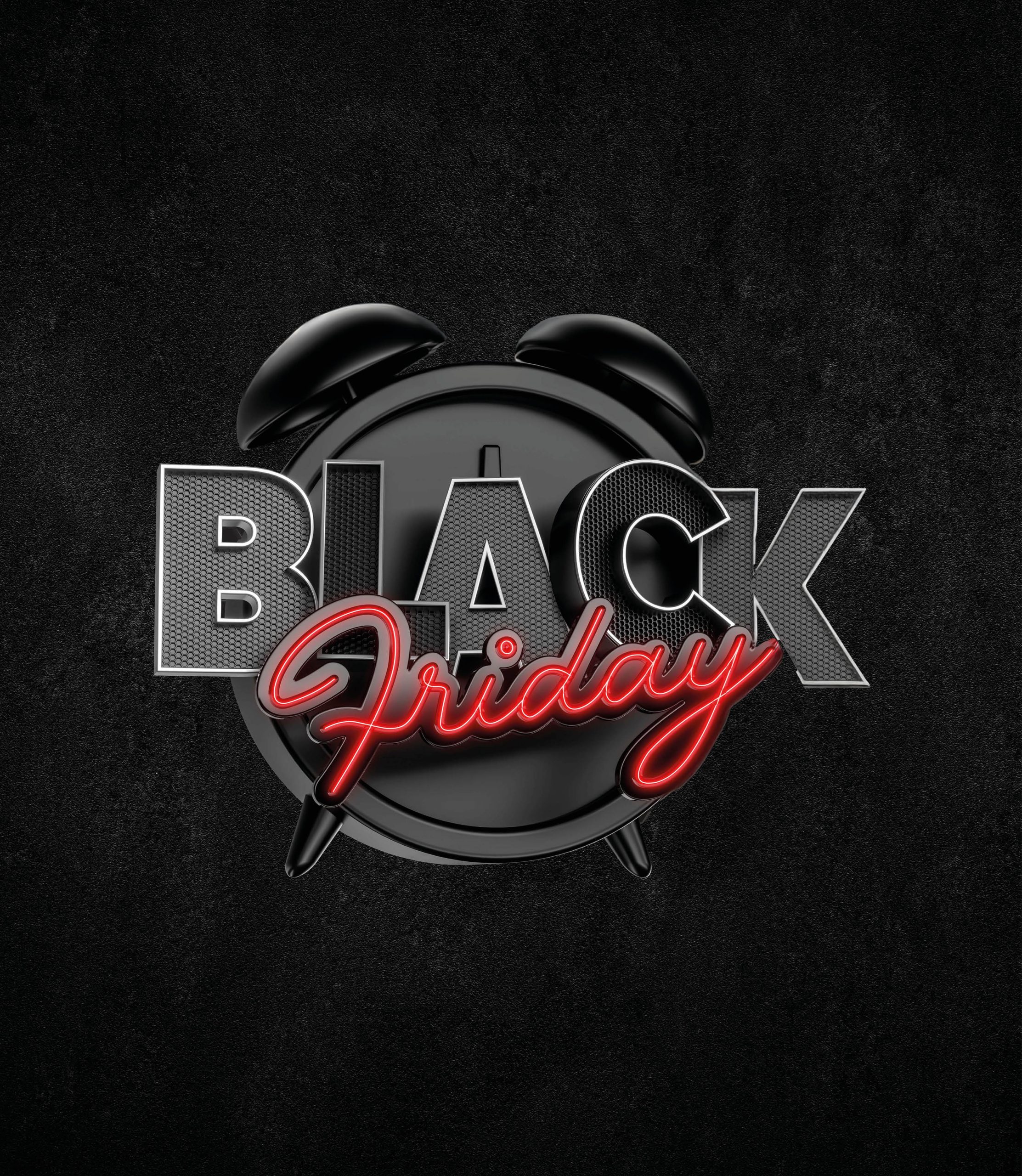 Schwarzer Wecker vor dunklem Hintergrund, darauf der Schriftzug „BLACK Friday“ – „BLACK“ in silberner Strukturoptik, „Friday“ in leuchtend roter Schreibschrift.