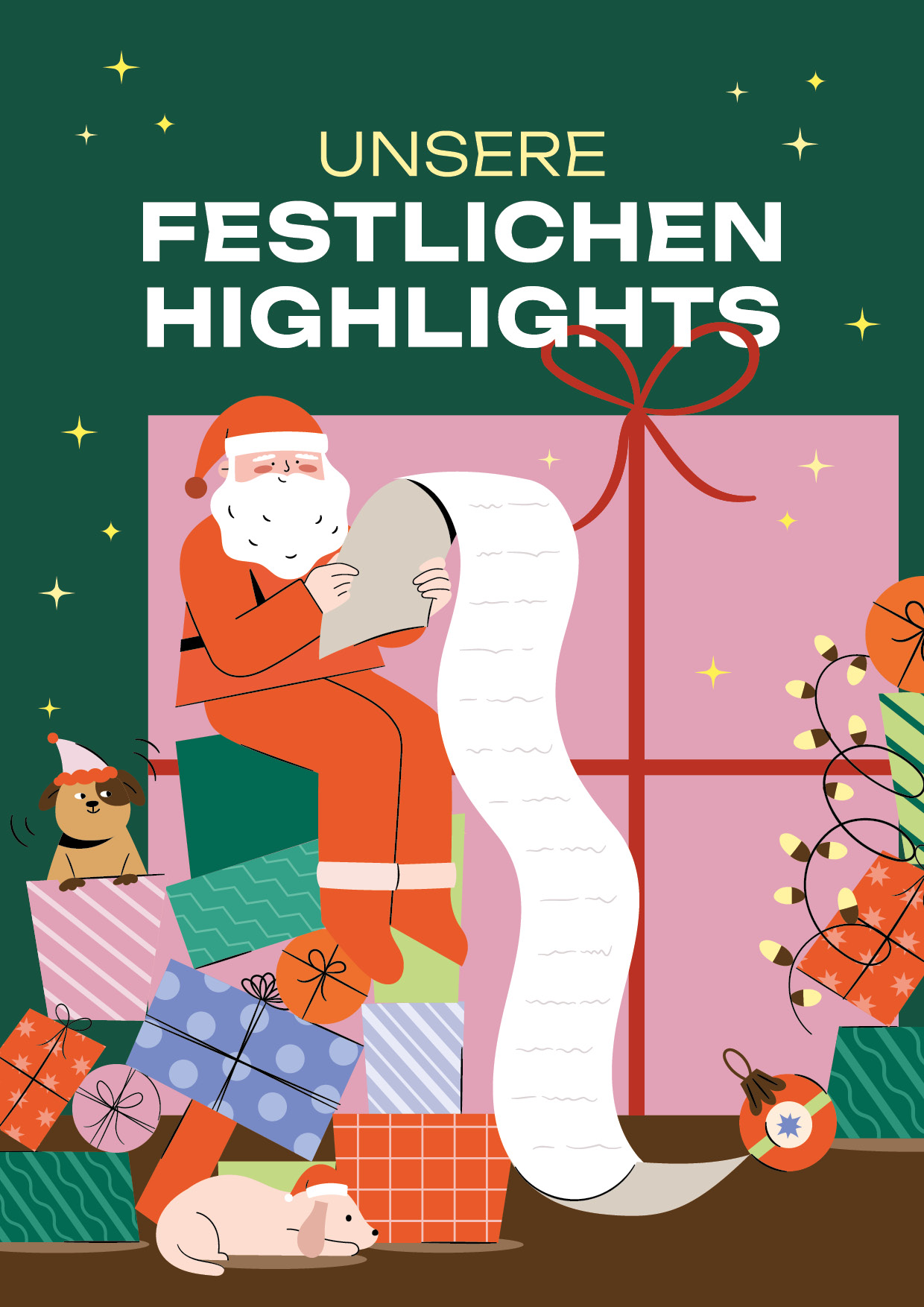 Weihnachtsmann der auf einem Geschenkehaufen sitzt mit einer langen Wunschliste. Darüber steht "Unsere Festlichen Highlights". Es ist ein Event Plakat des Luisneforums in Wiesbaden.