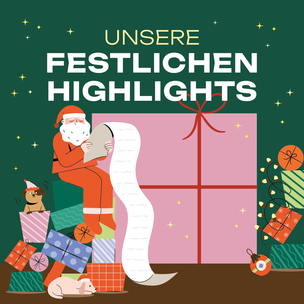 Weihnachtsmann der auf einem Geschenkehaufen sitzt mit einer langen Wunschliste. Darüber steht "Unsere Festlichen Highlights". Es ist ein Event Plakat des Luisneforums in Wiesbaden.
