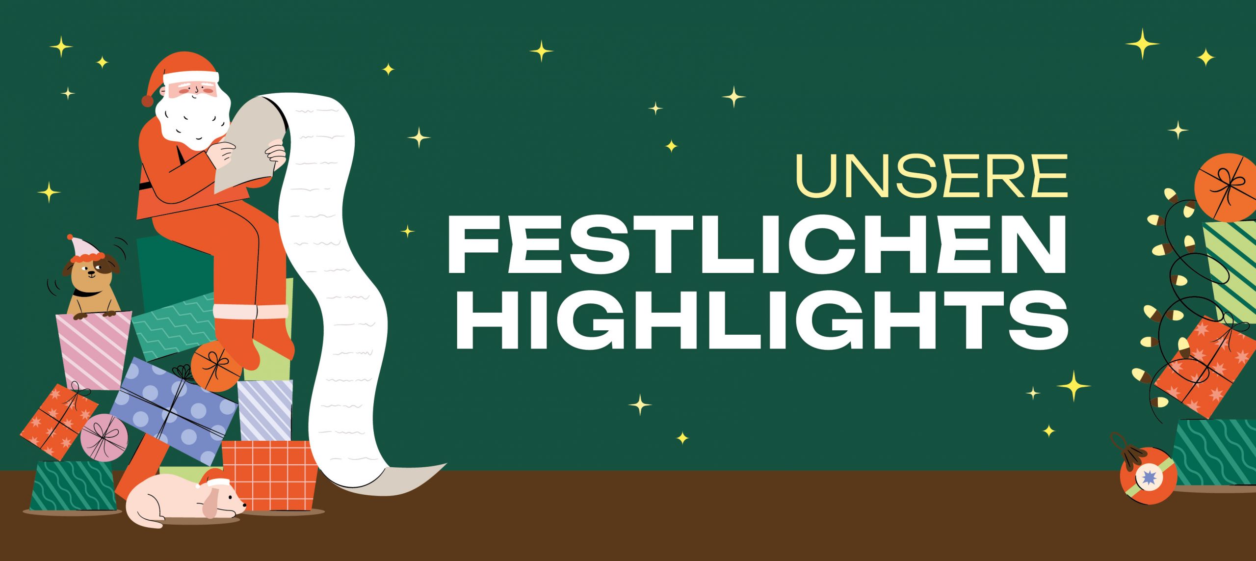 Weihnachtsmann der auf einem Geschenkehaufen sitzt mit einer langen Wunschliste. Darüber steht 