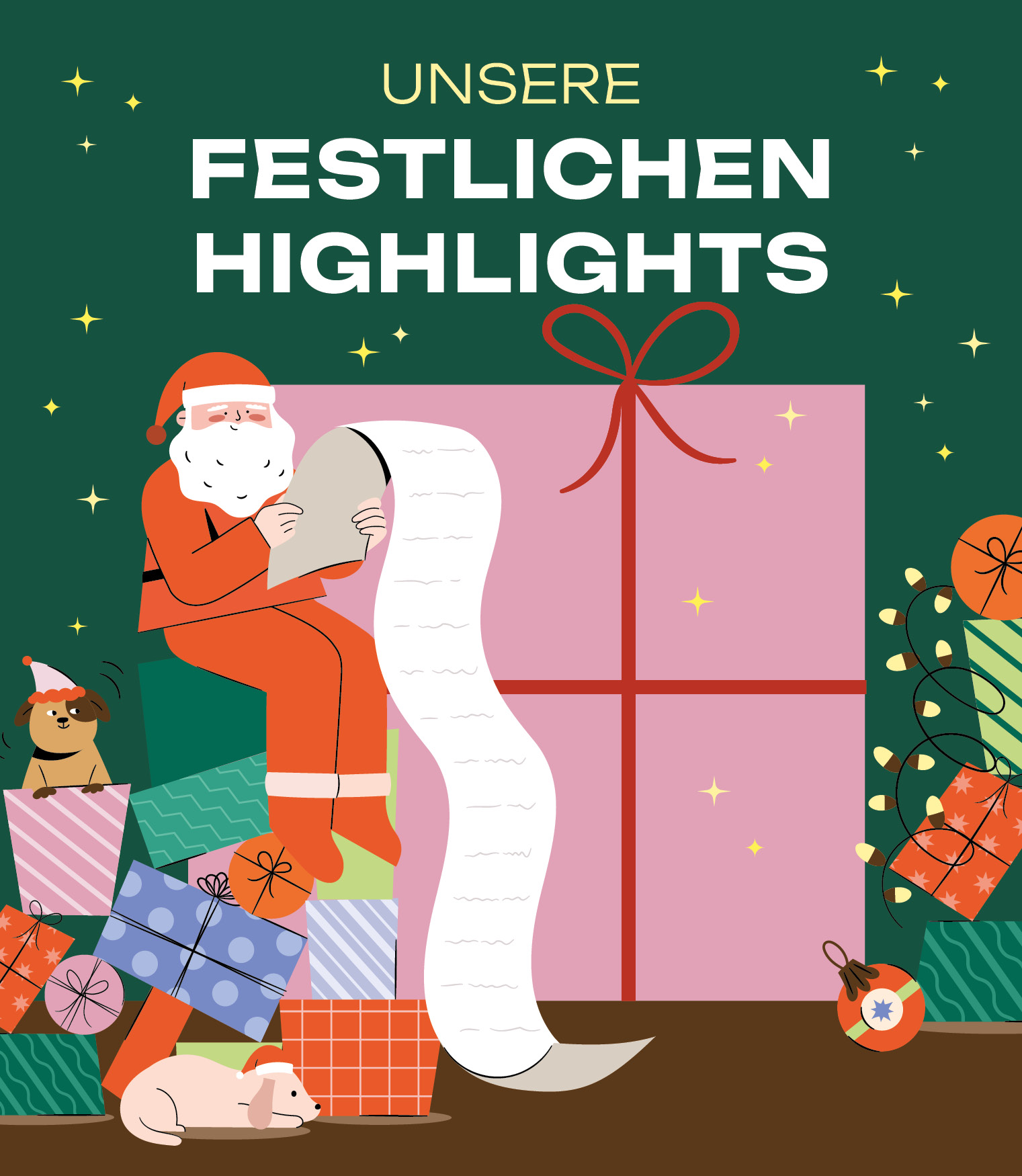Weihnachtsmann der auf einem Geschenkehaufen sitzt mit einer langen Wunschliste. Darüber steht "Unsere Festlichen Highlights". Es ist ein Event Plakat des Luisneforums in Wiesbaden.