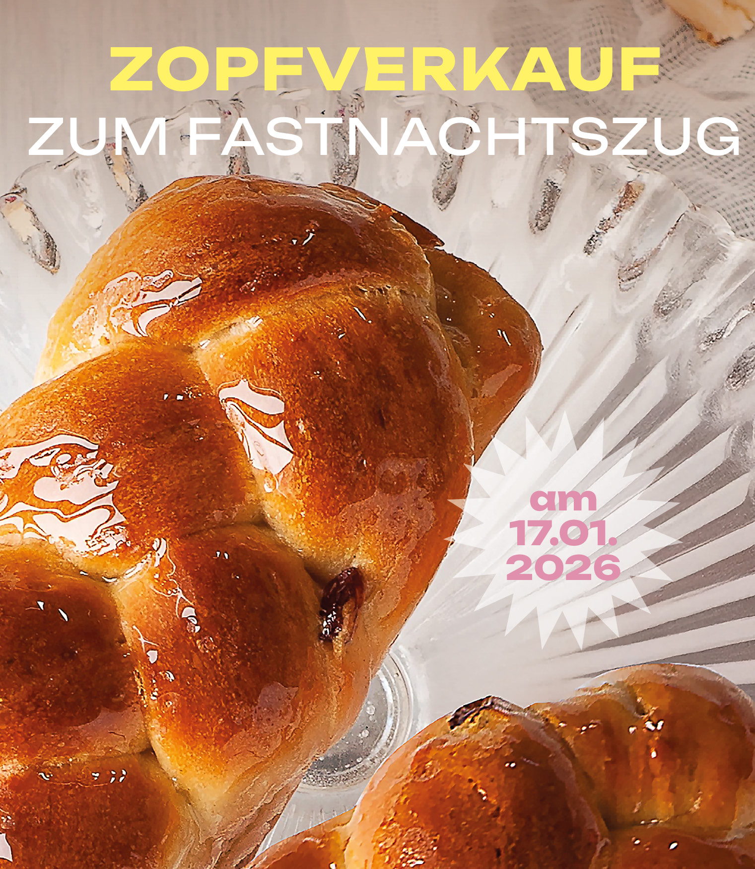 Nahaufnahme von traditionellen Fastnachtszöpfen als Ankündigung des Zopfverkaufs im LuisenForum.